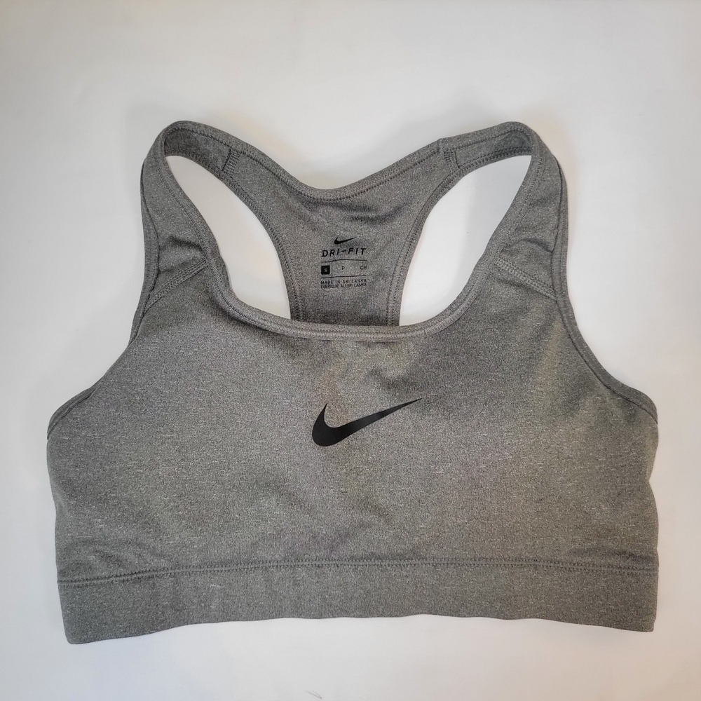 Nike Dri-FIT Womens Racerback Sports Bra Gray Heathered Swoosh Logo Size S